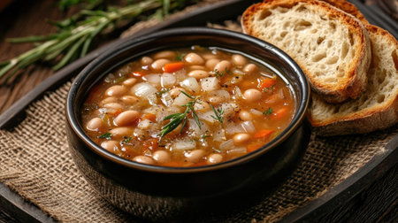A warm bowl of hearty bean soup served with toasted bread, garnished with fresh herbs. Perfect for a comforting meal or a cozy gathering. Ideal for food photography.の素材