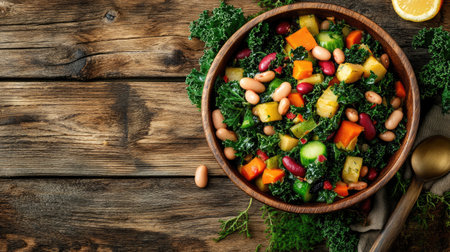 A vibrant and healthy vegetable salad featuring kale, beans, and fresh produce, beautifully presented in a wooden bowl on a rustic table setting.の素材