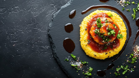 A gourmet shrimp dish served on polenta with rich sauce, garnished with fresh herbs. Perfect for restaurant menus or culinary presentations.の素材