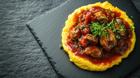 Enjoy a vibrant polenta dish topped with a rich tomato sauce and fresh herbs, beautifully presented on a black stone plate for a gourmet experience.の素材