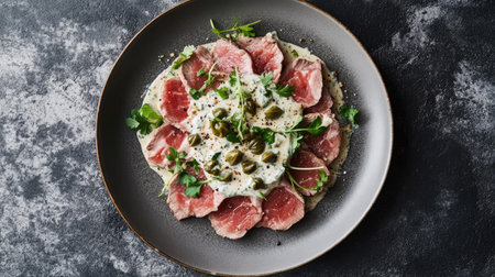 A beautiful presentation of meat with creamy sauce and fresh herbs. This gourmet dish showcases culinary artistry and is perfect for elegant dining experiences.の素材