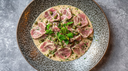 A beautifully plated dish featuring tender meat slices in a creamy herb sauce. This culinary creation showcases elegant presentation and fresh ingredients.の素材