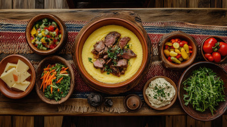 A visually appealing display of a savory meal featuring tender meat served over polenta, accompanied by fresh vegetables, cheese, and dips.の素材