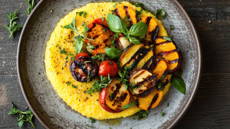 A vibrant plate featuring creamy polenta topped with grilled vegetables, garnished with fresh herbs, perfect for a healthy meal or side dish.の素材