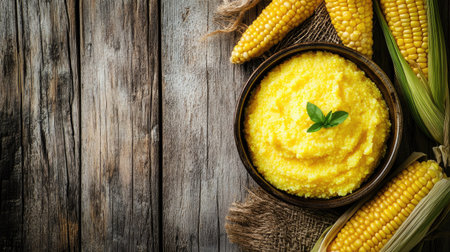 A vibrant bowl of fresh cornmeal surrounded by raw corn on a rustic wooden table, embodying wholesome and natural culinary delights perfect for any meal.の素材