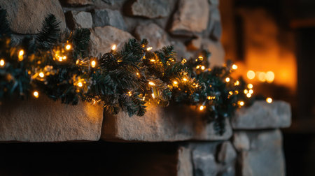 A beautifully decorated fireplace featuring a lush Christmas garland adorned with warm glowing lights, creating a cozy and festive atmosphere for the holiday season.の素材