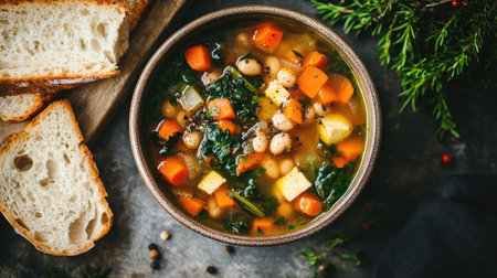 A warm bowl of colorful vegetable soup with fresh bread slices, perfect for a cozy meal. Ideal for healthy eating and seasonal recipes.の素材