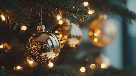 A close-up view of a shiny gold Christmas ornament hanging from a tree with a blurred bokeh background, capturing the festive spirit and holiday cheer.の素材