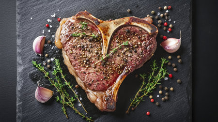 A beautifully presented heart-shaped steak surrounded by herbs and spices on a slate plate, perfect for gourmet dining and culinary inspiration.の素材