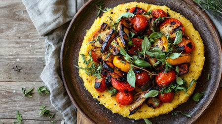 This vibrant dish features grilled vegetables served on a creamy polenta base, garnished with fresh herbs. Ideal for healthy meal ideas.の素材