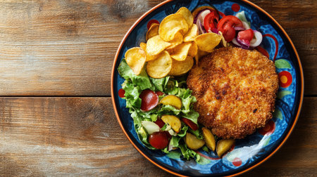 A delicious crispy chicken served with fresh salad, potato chips, and colorful vegetables on a vibrant blue plate, perfect for any meal occasion.の素材