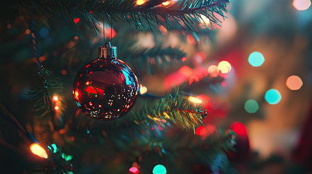 A vibrant close-up of a red ornament hanging on a Christmas tree branch, surrounded by colorful lights, capturing the joyful spirit of the holiday season.の素材