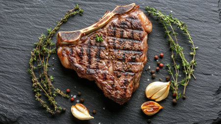 A beautifully grilled steak garnished with fresh herbs and spices, presented on a rustic black slate. Perfect for gourmet recipes and culinary presentations.の素材