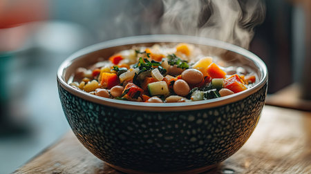 A vibrant bowl of hearty vegetable soup, steaming and inviting, showcases a colorful mix of fresh ingredients. Perfect for a cozy meal or healthy lifestyle.の素材