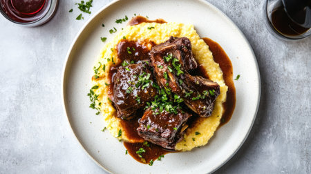 Indulge in this savory braised beef served over creamy polenta, garnished with fresh herbs. Perfect for upscale dining or comforting meals.の素材