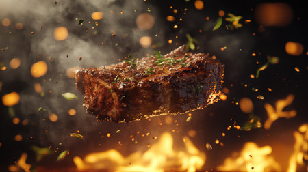 A beautifully cooked steak floating amidst smoke and flames, garnished with fresh herbs, showcasing delicious flavors perfect for culinary presentations.の素材