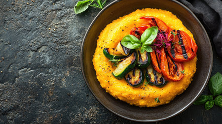 A delightful polenta dish topped with colorful grilled vegetables and fresh herbs, perfect for a healthy, gourmet meal or vibrant dining experience.の素材