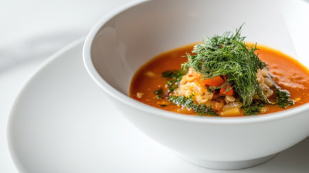 A vibrant bowl of soup featuring fresh herbs and colorful vegetables, perfect for a healthy meal or restaurant menu. A delicious and nourishing dish.の素材