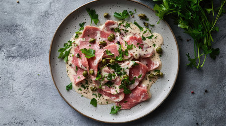 A mouthwatering meat dish featuring tender slices in a creamy sauce, garnished with fresh herbs and capers, perfect for gourmet dining experiences.の素材