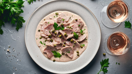 A beautifully plated creamy meat dish garnished with herbs and capers, paired with elegant glasses of rosの素材