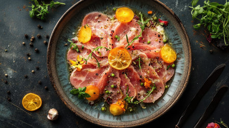 A beautifully arranged plate of freshly sliced ham garnished with vibrant citrus slices and fresh herbs, perfect for gourmet dining or culinary showcases.の素材