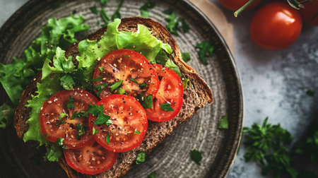 A vibrant tomato and lettuce sandwich on rustic bread, garnished with fresh herbs. Perfect for a healthy lunch or snack, showcasing fresh ingredients.の素材