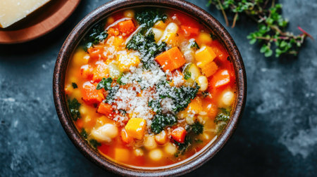 A delicious and vibrant vegetable soup featuring fresh ingredients like carrots, beans, and kale, perfect for a healthy meal option or comfort food.の素材