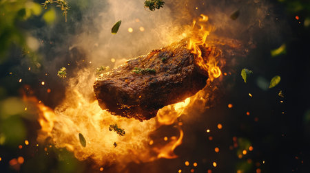 A striking image of a flaming object enveloped in sparks and smoke, evoking a sense of energy and transformation in a natural setting.の素材