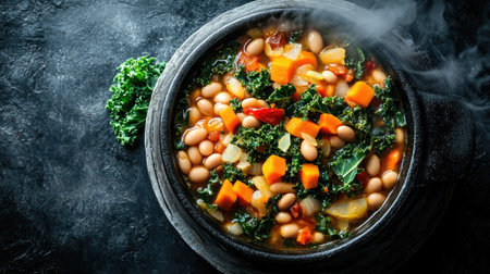 A delicious hearty vegetable soup in a rustic pot, featuring a mix of kale, beans, and colorful veggies. Perfect for a warm, nutritious meal.の素材