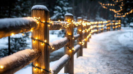 A charming winter pathway adorned with glowing Christmas lights and fresh snow, creating a serene and magical atmosphere in a forest setting.の素材