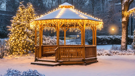 A beautifully decorated gazebo adorned with twinkling lights in a snowy landscape. This serene winter scene captures the essence of holiday festivities and tranquility.の素材