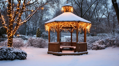 A charming winter gazebo adorned with twinkling lights amidst a serene snowy landscape. The peaceful scene captures the essence of a chilly holiday season.の素材