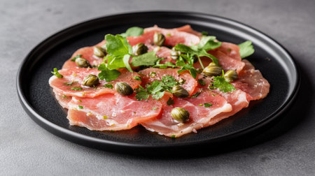 A visually appealing presentation of freshly sliced meat garnished with herbs and capers, perfect for an upscale dining experience or gourmet cuisine.の素材