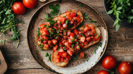 Savor the vibrant colors and fresh flavors of bruschetta topped with diced tomatoes and herbs. Perfect appetizer for any gathering or meal.の素材