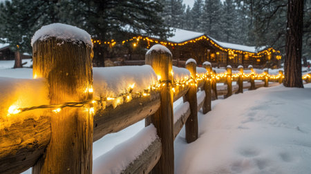 A serene winter scene featuring a snow-covered cabin adorned with warm holiday lights, creating a cozy atmosphere in a snowy landscape.の素材