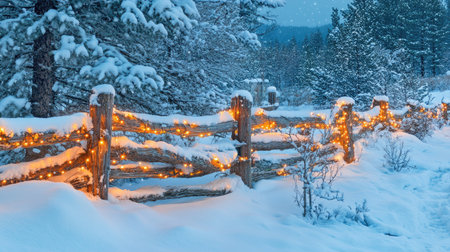 A serene winter landscape featuring a wooden fence adorned with glowing lights. The scene captures the beauty of snow-covered trees and tranquil nature.の素材