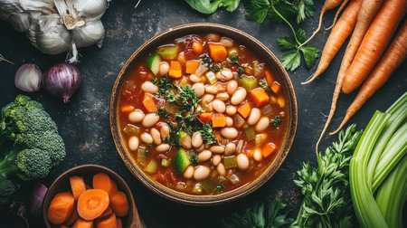 A vibrant bowl of hearty vegetable soup surrounded by fresh ingredients. This rustic dish showcases an array of colorful vegetables and herbs, perfect for a nutritious meal.の素材