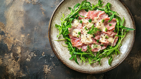 A vibrant plate featuring a fresh salad with prosciutto and arugula, topped with herbs and seasoning. Perfect for healthy dining and gourmet meals.の素材