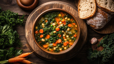 A rustic bowl of vegetable soup filled with carrots, kale, and beans, served with fresh bread, creating a warm and inviting meal for any occasion.の素材