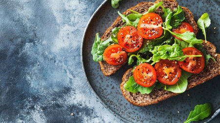 Delicious whole grain bread topped with fresh salad, ripe cherry tomatoes, and leafy greens, perfect for a healthy snack or a light meal idea.の素材