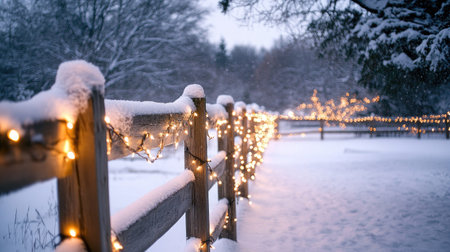 A serene winter landscape featuring a snow-covered fence adorned with glowing lights, creating a magical atmosphere perfect for holiday celebrations.の素材