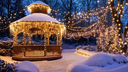 A beautifully illuminated winter gazebo surrounded by peaceful snow, adorned with twinkling fairy lights. Perfect for capturing the magic of the season.の素材