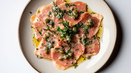 A beautiful plate of fresh pork carpaccio garnished with herbs and capers, drizzled with olive oil, perfect for a gourmet appetizer or elegant dining.の素材