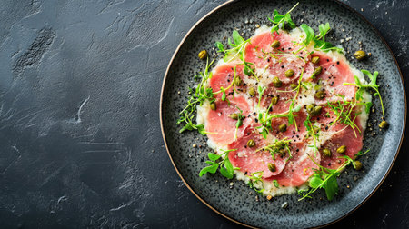 A beautifully arranged plate of fresh carpaccio, garnished with vibrant greens and spices, perfect for gourmet dining or a stylish appetizer.の素材