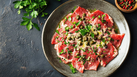 A vibrant plate of fresh carpaccio topped with capers and herbs, showcasing culinary artistry. Perfect for gourmet dining and elegant appetizers.の素材