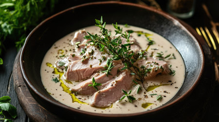A beautifully plated creamy herb chicken dish, featuring succulent slices of chicken drizzled with olive oil and garnished with fresh thyme. Perfect for gourmet meals.の素材