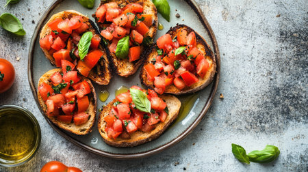 Delight in this vibrant bruschetta featuring fresh tomatoes and basil on toasted bread. A perfect appetizer for gatherings or a light snack anytime.の素材