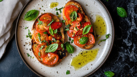Delight in this vibrant tomato bruschetta served on toasted bread, garnished with fresh herbs and drizzled with olive oil. Perfect for appetizers!の素材