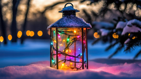 A cozy lantern adorned with colorful Christmas lights rests in a blanket of snow, creating a warm and inviting winter scene during twilight.の素材