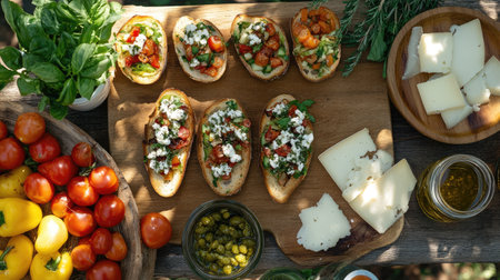 A colorful bruschetta platter featuring fresh tomatoes, cheese, and herbs arranged beautifully on a wooden board, perfect for summer gatherings or outdoor meals.の素材